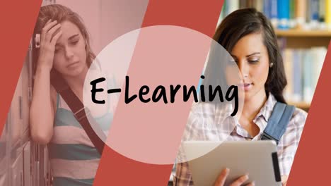 Animation-of-e-learing-text-over-students-in-school