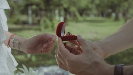 man putting engagement ring on woman hand outdoors