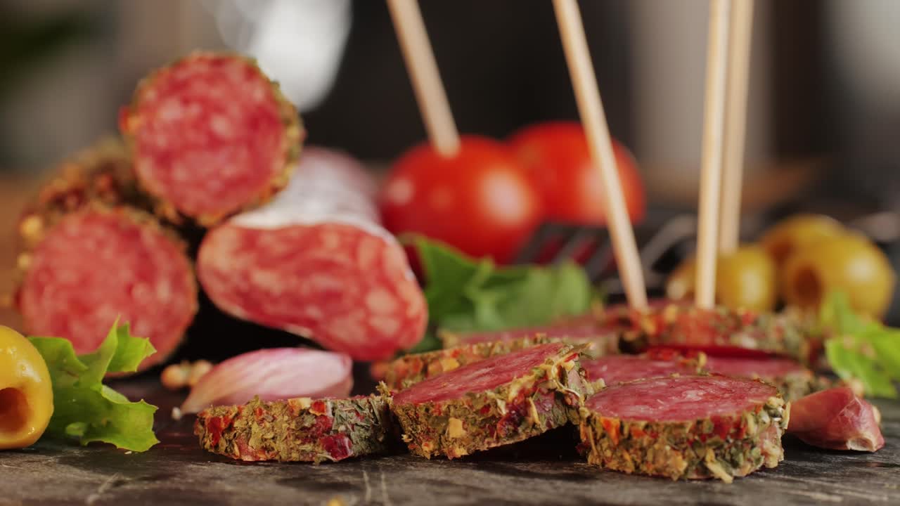 Mix of spanish pork sausages, Cutting board of appetizing catalonian snack - fuet, jamon, chorizo, olives, supermarket tapas food in spain, traditional cuisine.