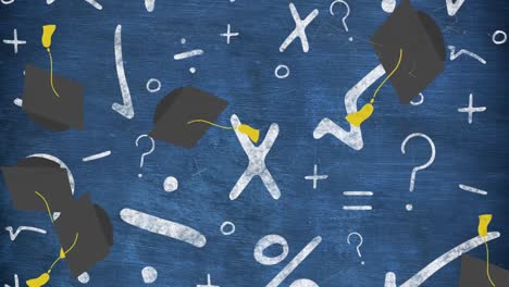 Digital-animation-of-graduation-hat-icons-falling-against-mathematical-symbols-on-blue-background