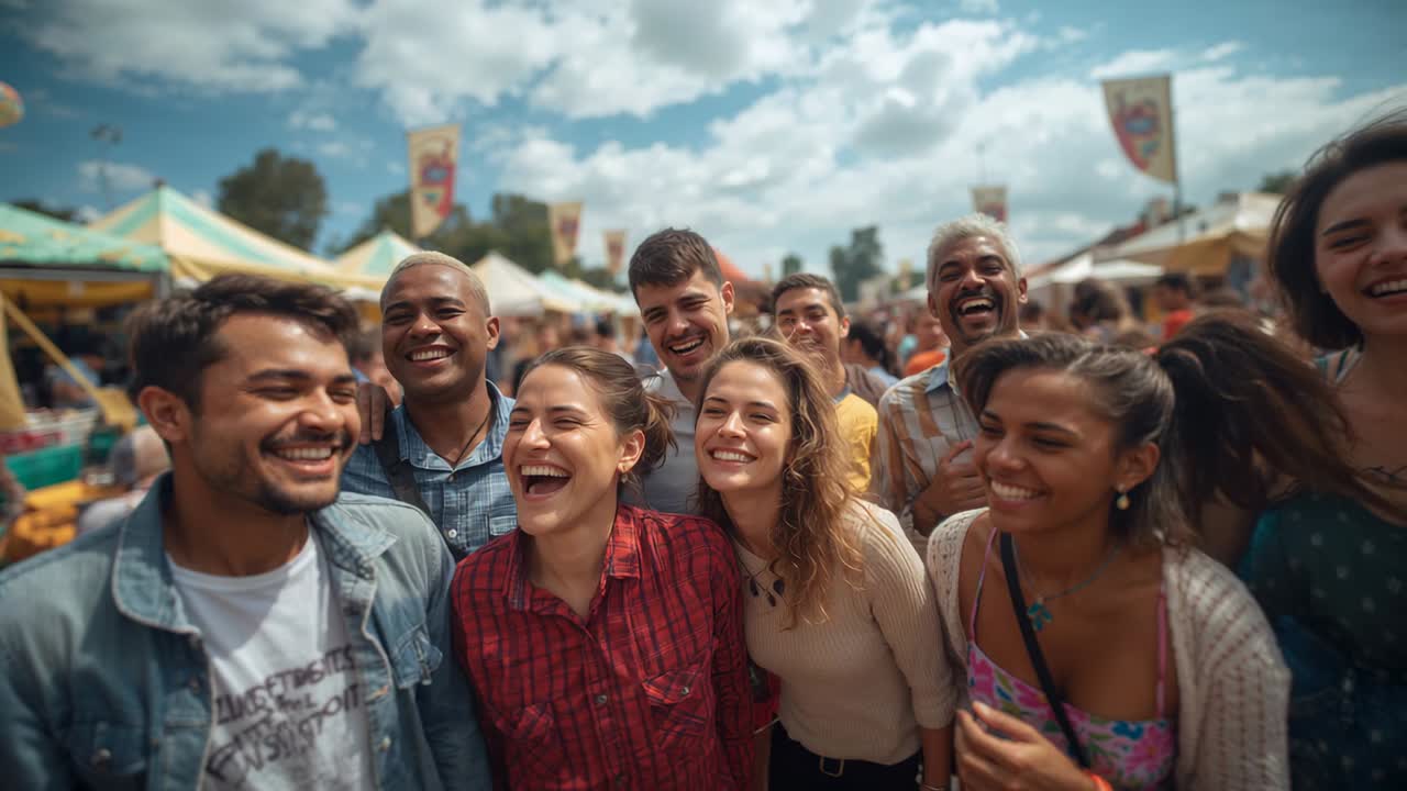 Leaning, laughing friends responding to photographer's joke at outdoor fair, denim jacket, tents