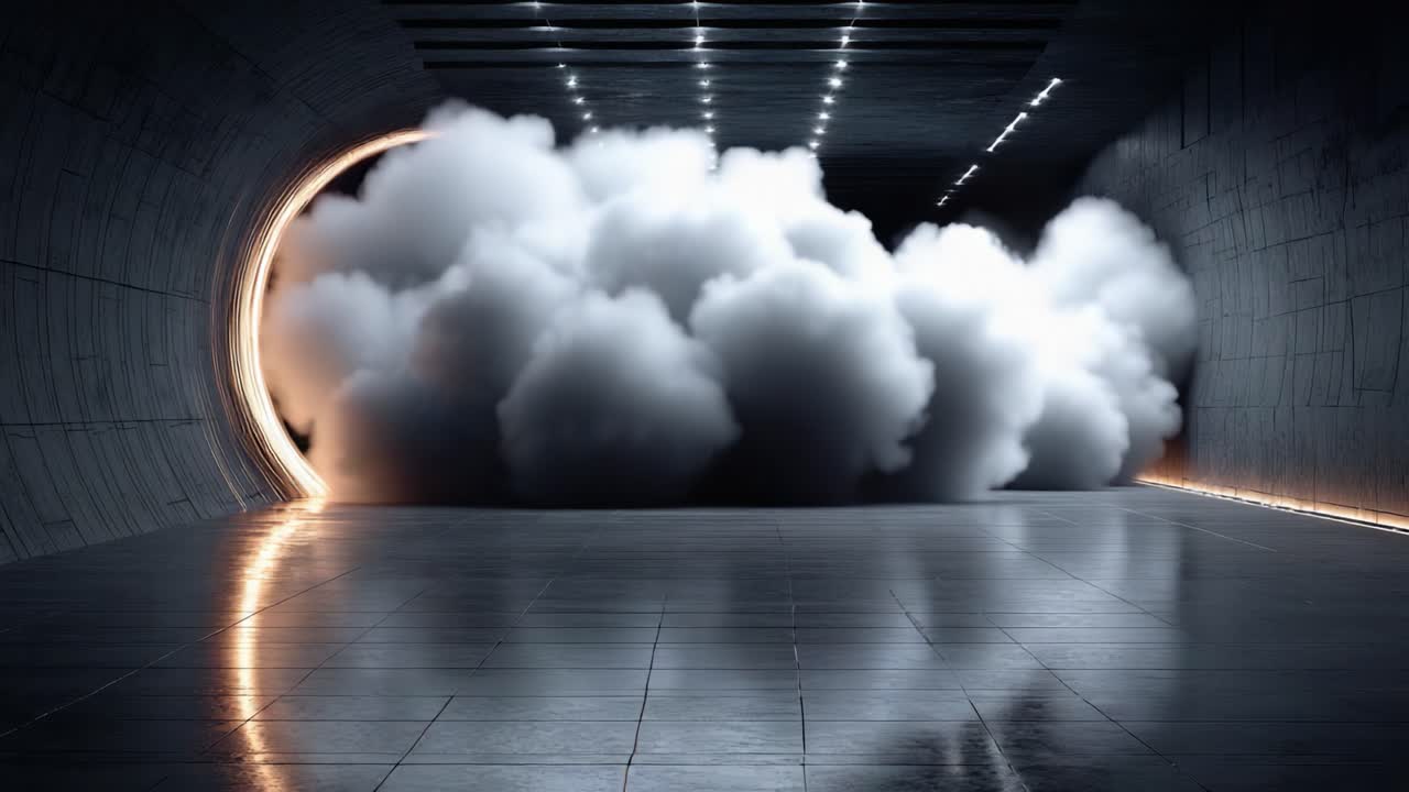 An Enigmatic Portal: A Dark Tunnel Erupts with Billowing Clouds of Smoke, Creating a Mysterious Atmosphere of Anticipation and Intrigue