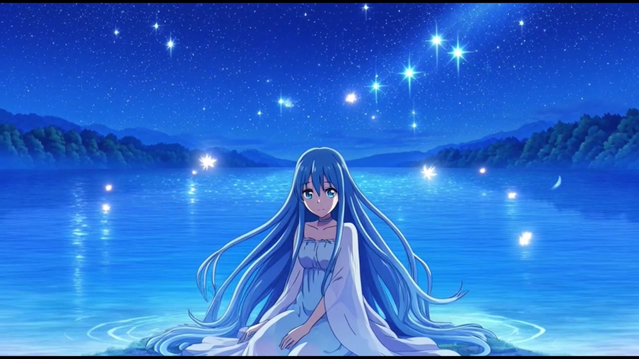 Ragazza anime seduta nell'acqua sotto un cielo notturno stellato.
