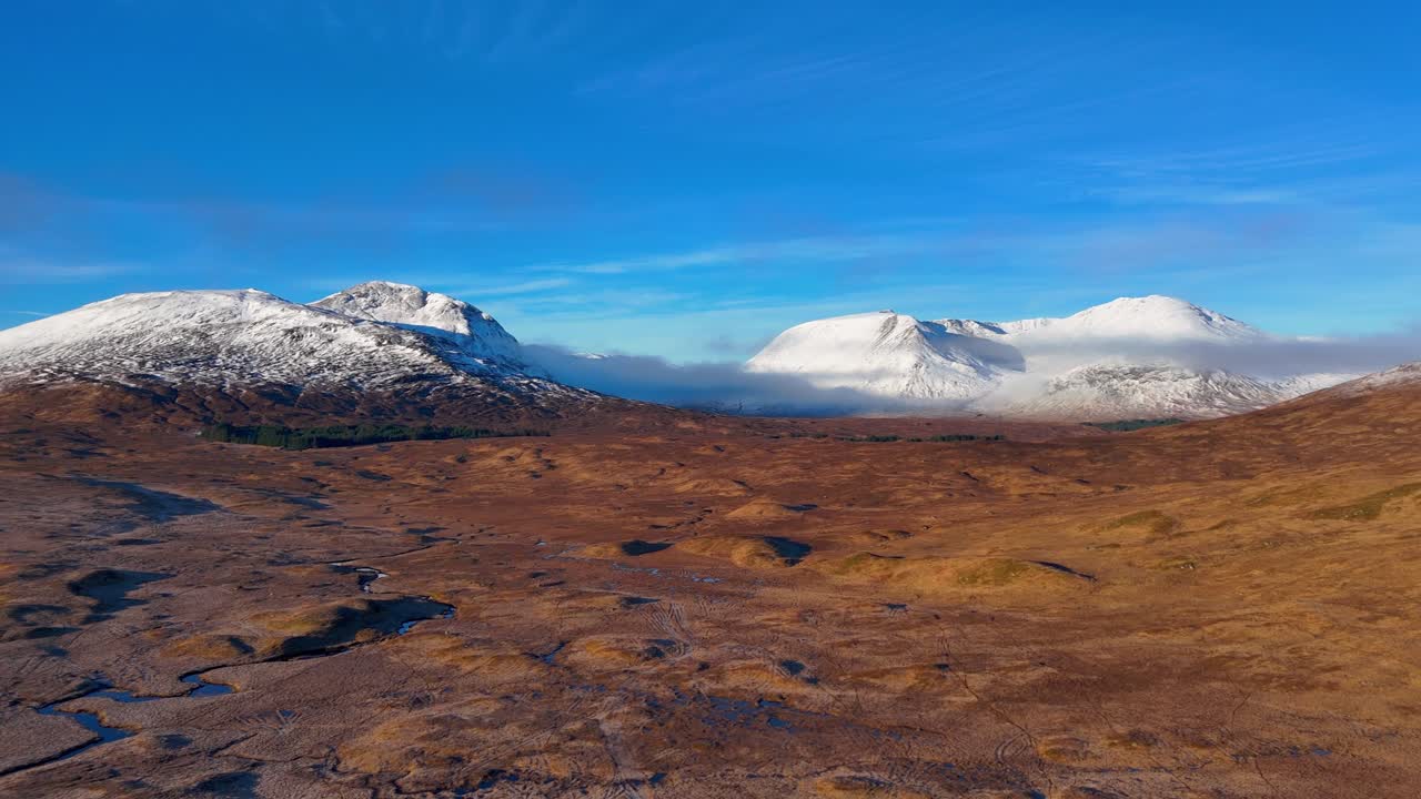 Slow panning shot of snow covered munros in the Scottish Highlands