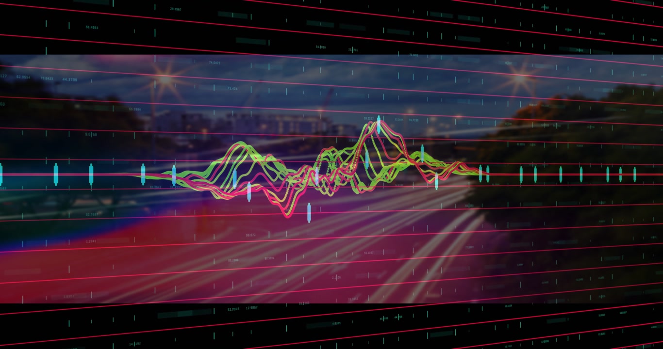 3D render showing finance chart overlay blending colorful waveform lines with highway light trails