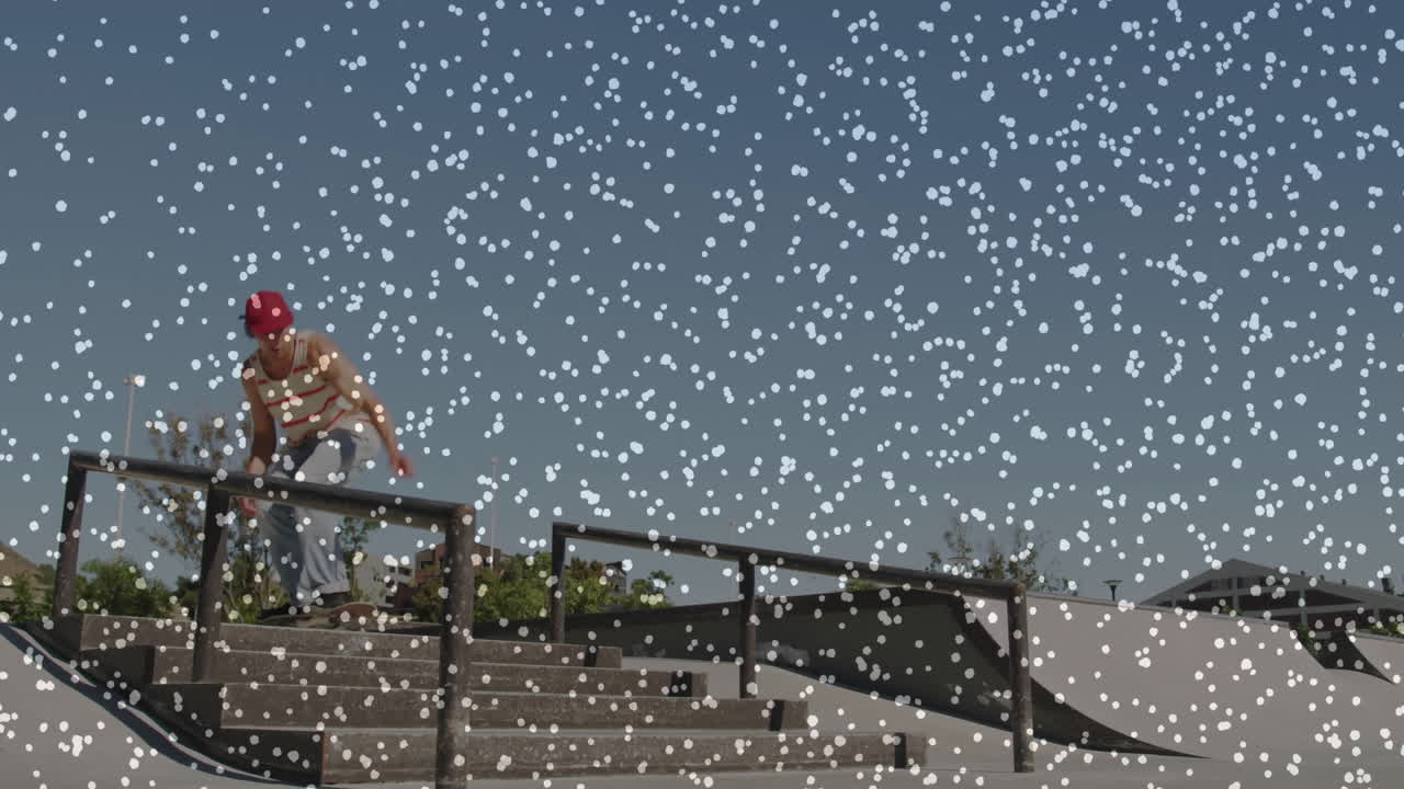 Skateboarder grinding rail over stairs in skate park with bar graph overlay driving business growth
