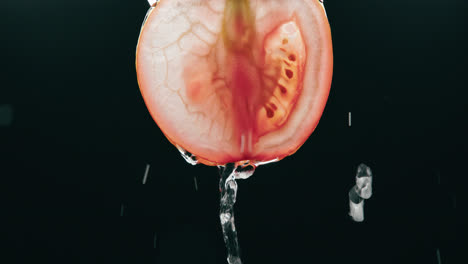 agua que fluye por rodaja de tomate fresco en cámara lenta con fondo negro retroiluminado por goteo líquido