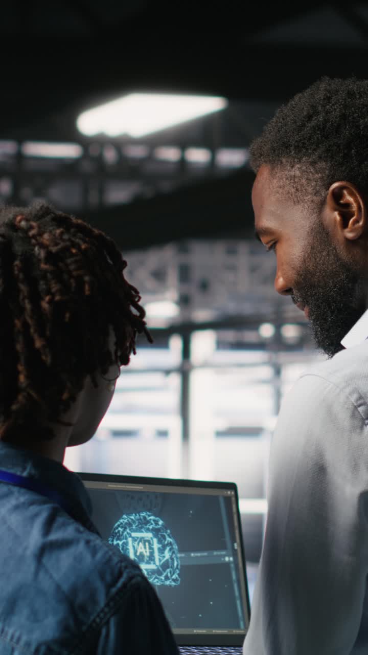 Vertical video Data center team on industrial platform using artificial intelligence