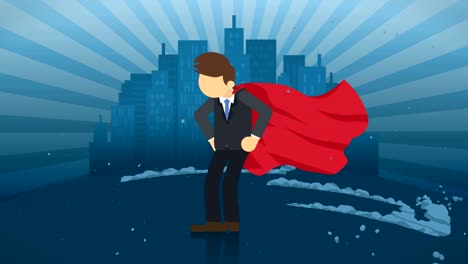 superhero standing on city background. near a cloud of dust. business symbol. leadership and achievement concept. comic loop animation.