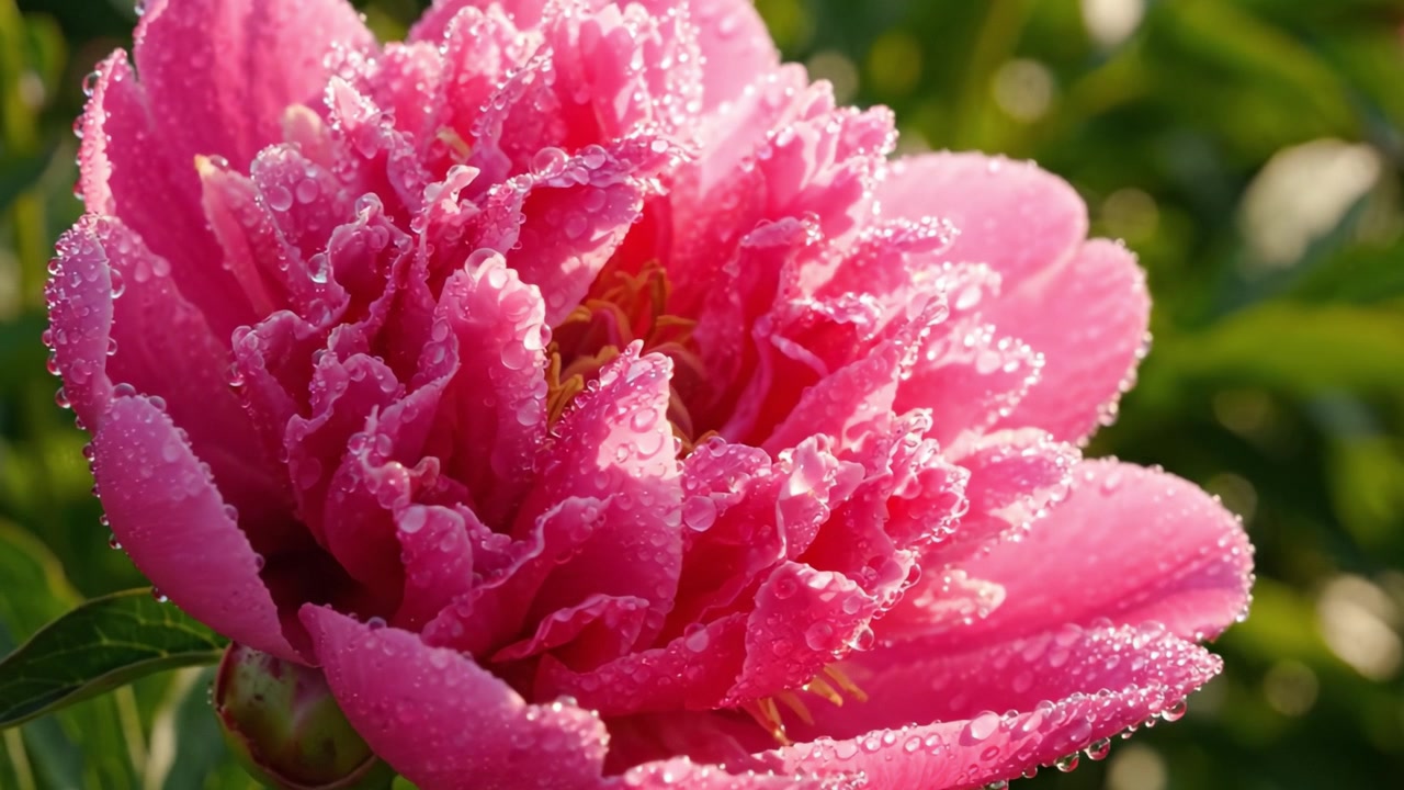 Une vue rapprochée d'une magnifique fleur rose avec des gouttes de rosée, mettant en valeur ses pétales et sa couleur vibrante sur un fond vert luxuriant, parfaite pour les passionnés de nature.
