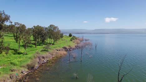 drone shot of amnon beach on the sea of galilee