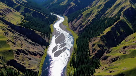aerial view of a winding river through a lush mountain valley