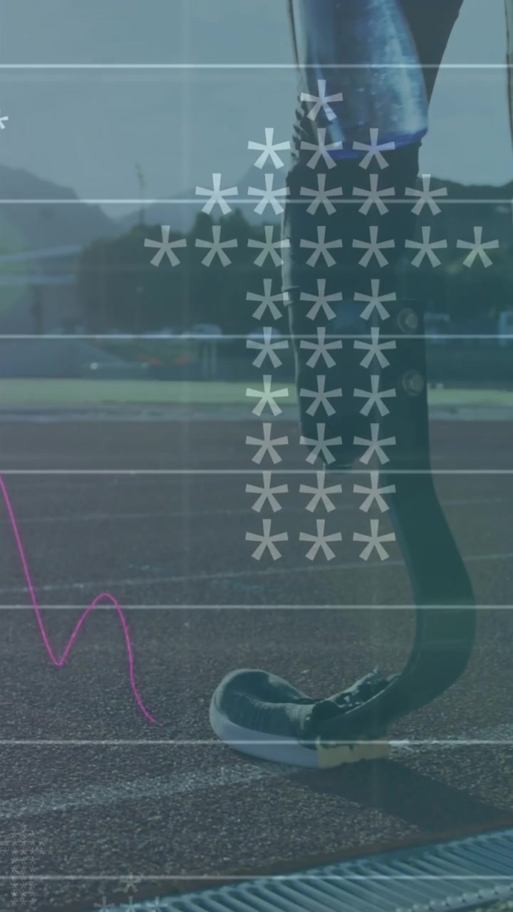 Animation of digital data processing over disabled male athlete with running blades on racing track