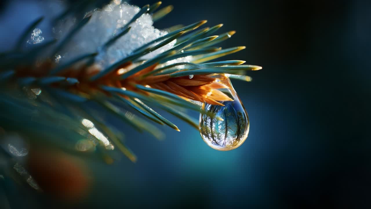 Capturing Nature's Beauty: A Glimmering Water Droplet Hangs from a Pine Needle, Reflecting the Surrounding Forest in Its Crystal Clarity, Evoking a Sense of Tranquility and Wonder in the Heart of Winter