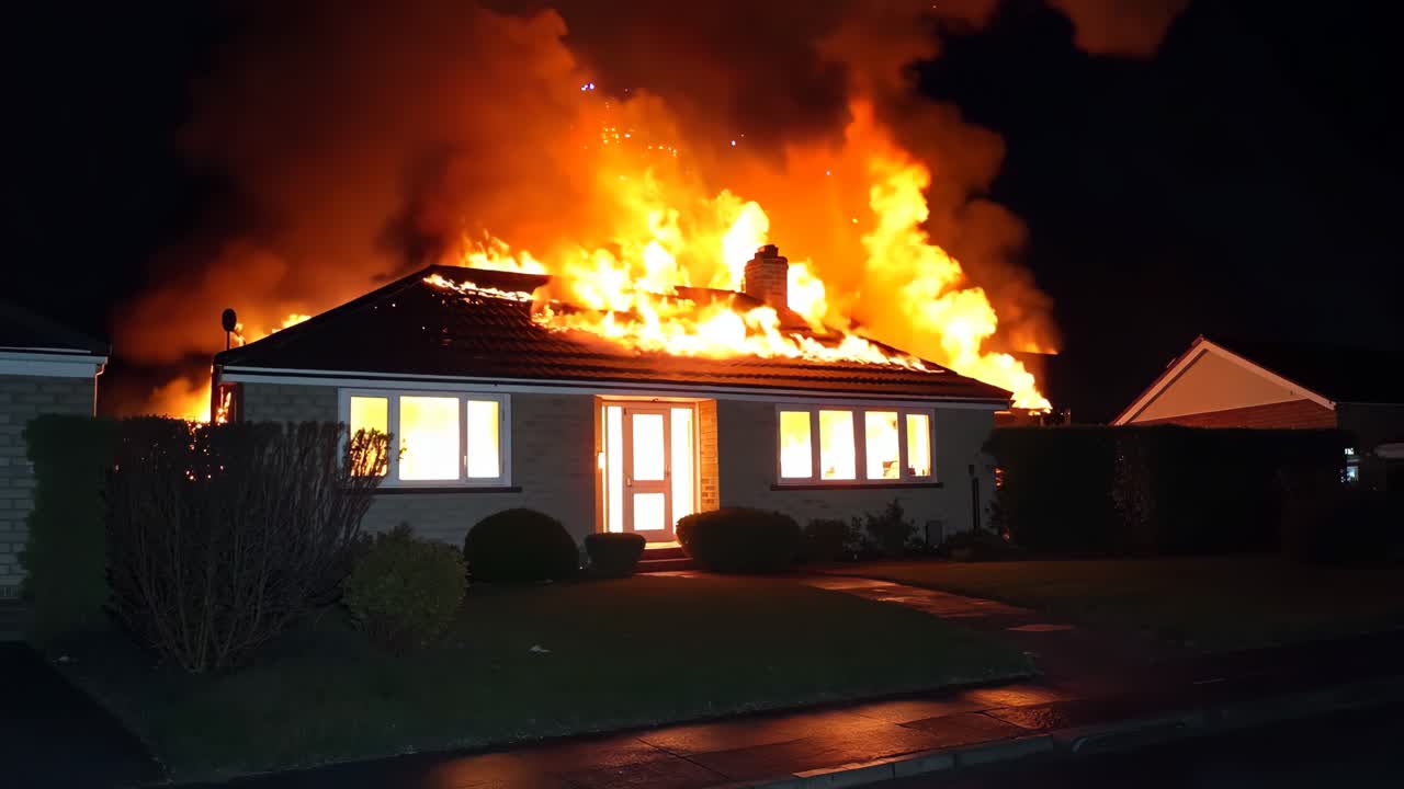 Una casa in fiamme nel mezzo di una zona residenziale