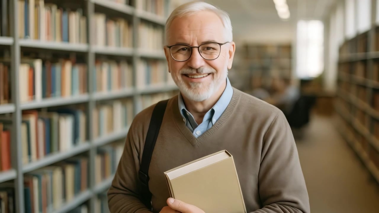 Uomo anziano che tiene un libro in una biblioteca