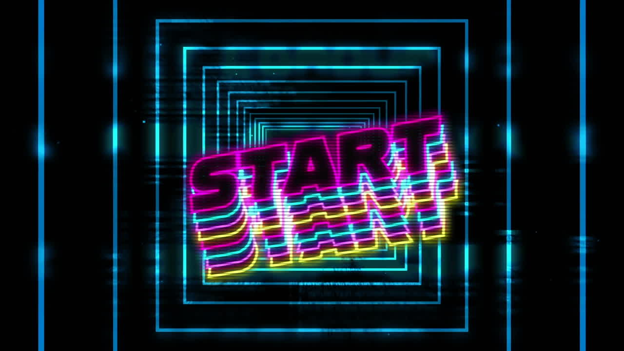 Neon start text with shadow effect against neon blue squares in seamless motion on black background