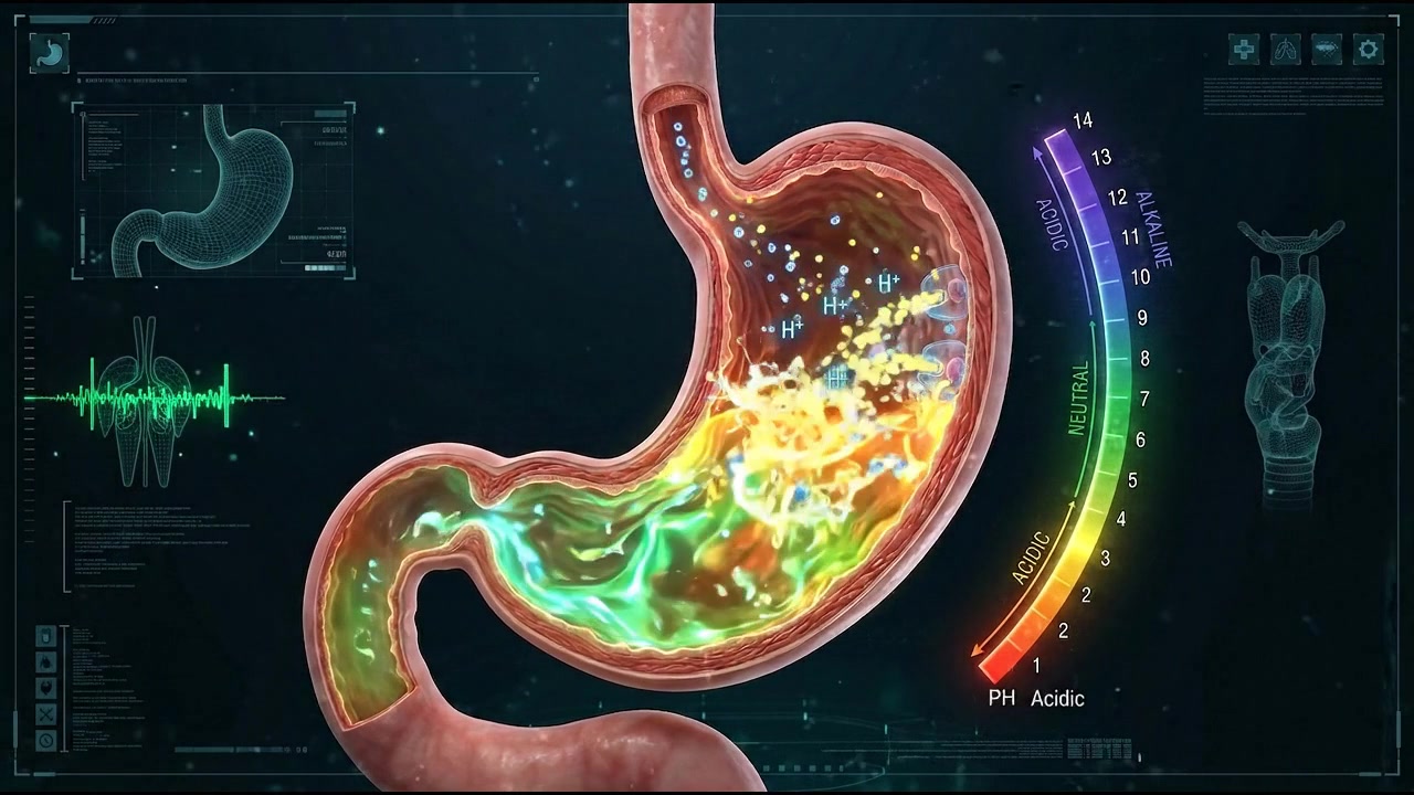 Cutaway stomach showing bright green gastric contents and inner digestive lining