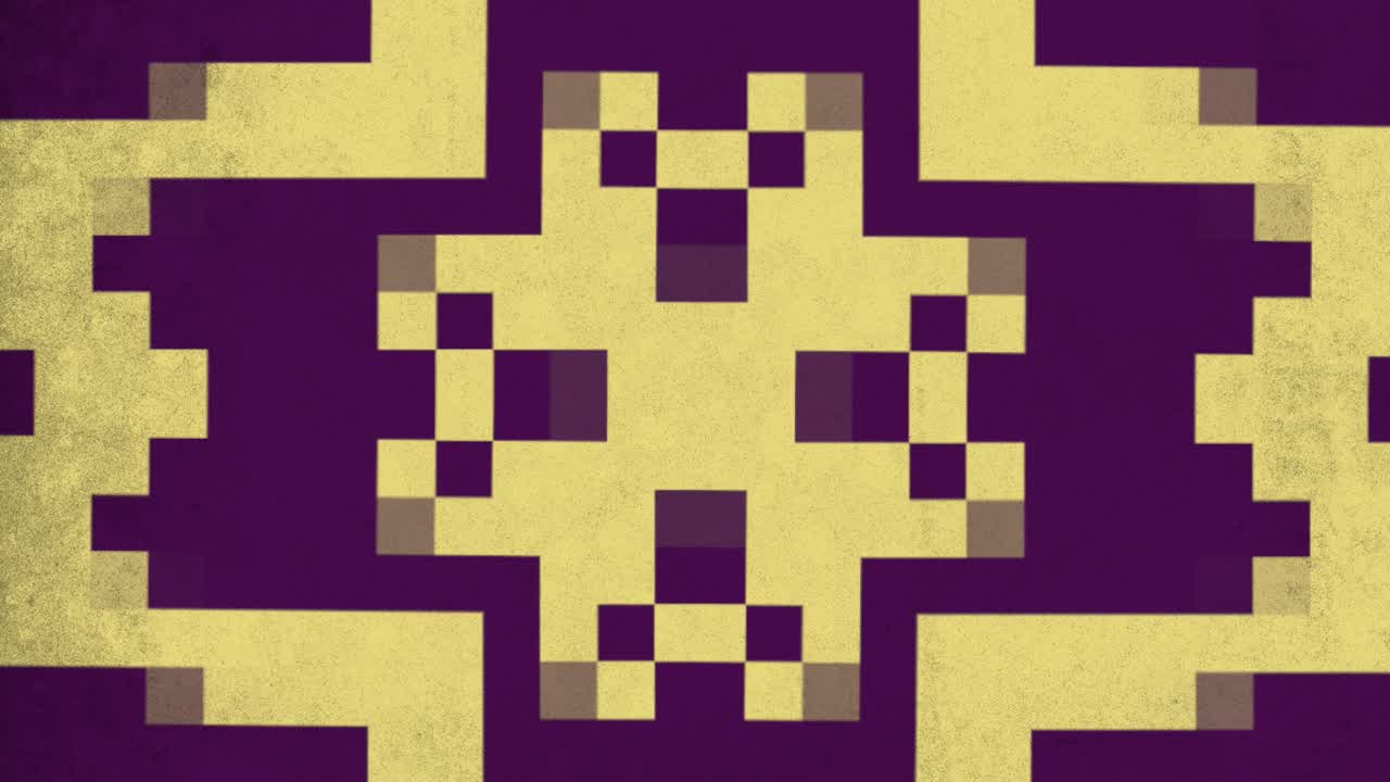 cruz amarilla pixelada sobre un fondo púrpura