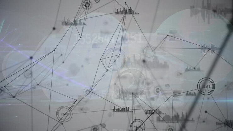 Animation of numbers, data processing and network of connections