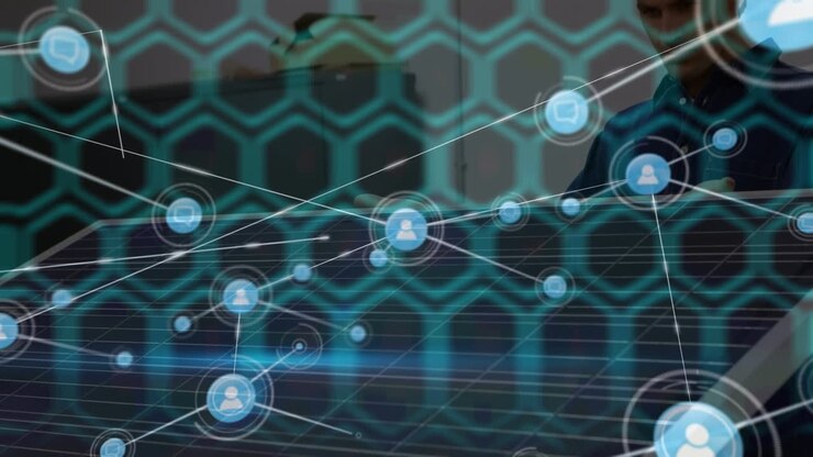 Animation of network of profile icons over male engineer setting up solar panels on the roof