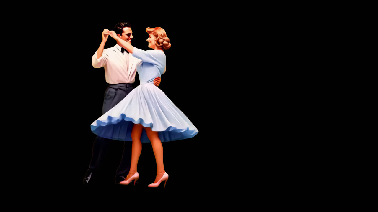 Vintage couple dancing joyfully animation isolated asset, transparent 4K video, alpha channel