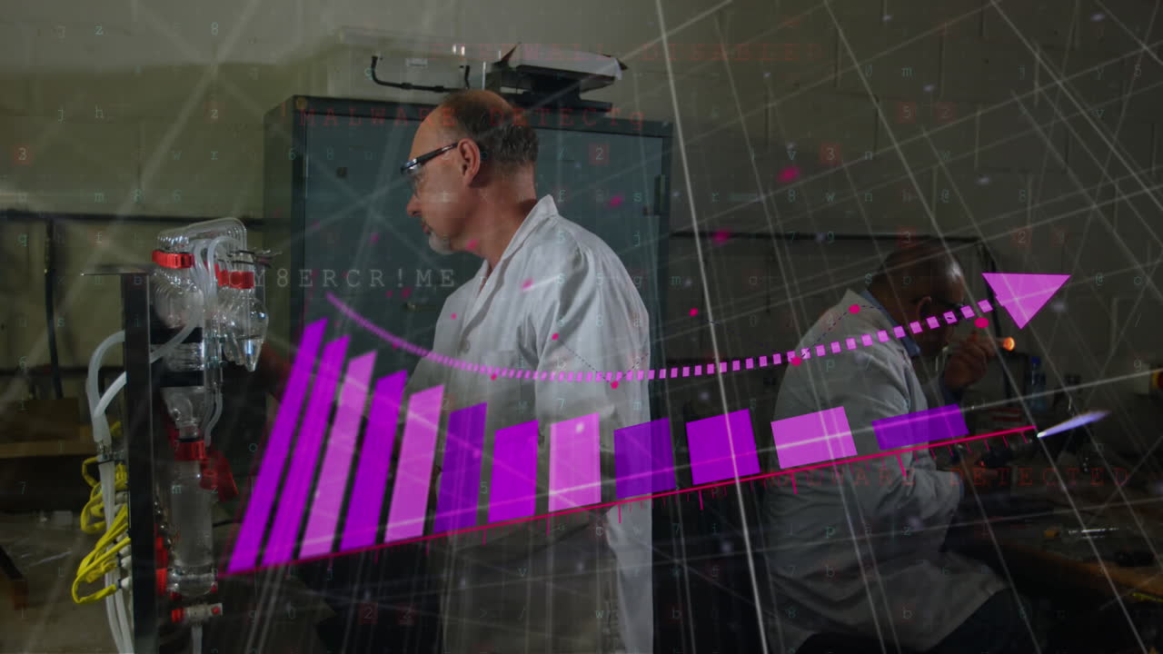 animación de procesamiento de datos estadísticos contra dos ingenieros varones diversos que trabajan en la fábrica