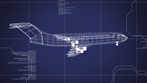 Animation-of-white-glowing-3d-plane-drawing-with-data-processing-on-blue-background