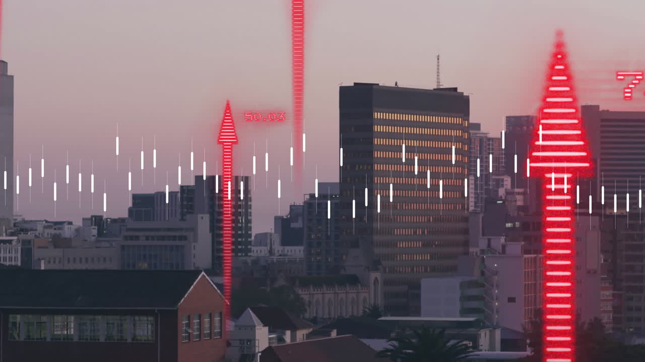 도시 풍경 위의 금융 데이터 처리 애니메이션