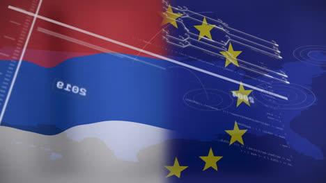 flags of serbia and european union with data processing animation overlaid