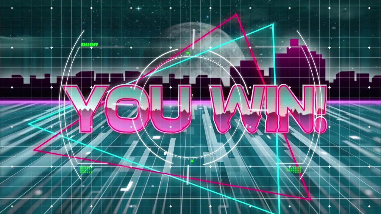 Animation of you win text over city