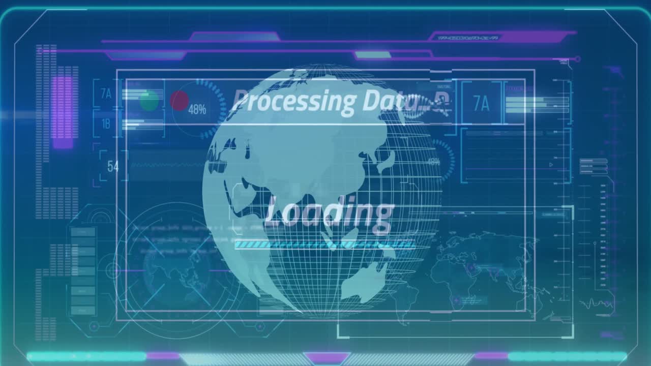 디지털 인터페이스에서 회전하는 지구로 인포그래픽 데이터 처리의 애니메이션