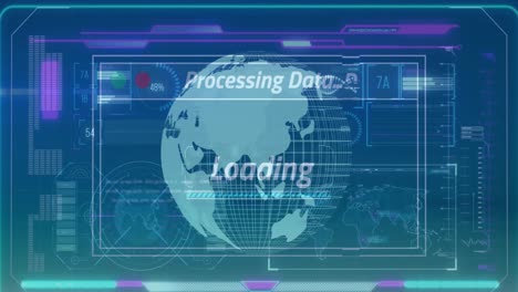 Animation-of-infographic-data-processing-with-globe-rotating-on-digital-interface