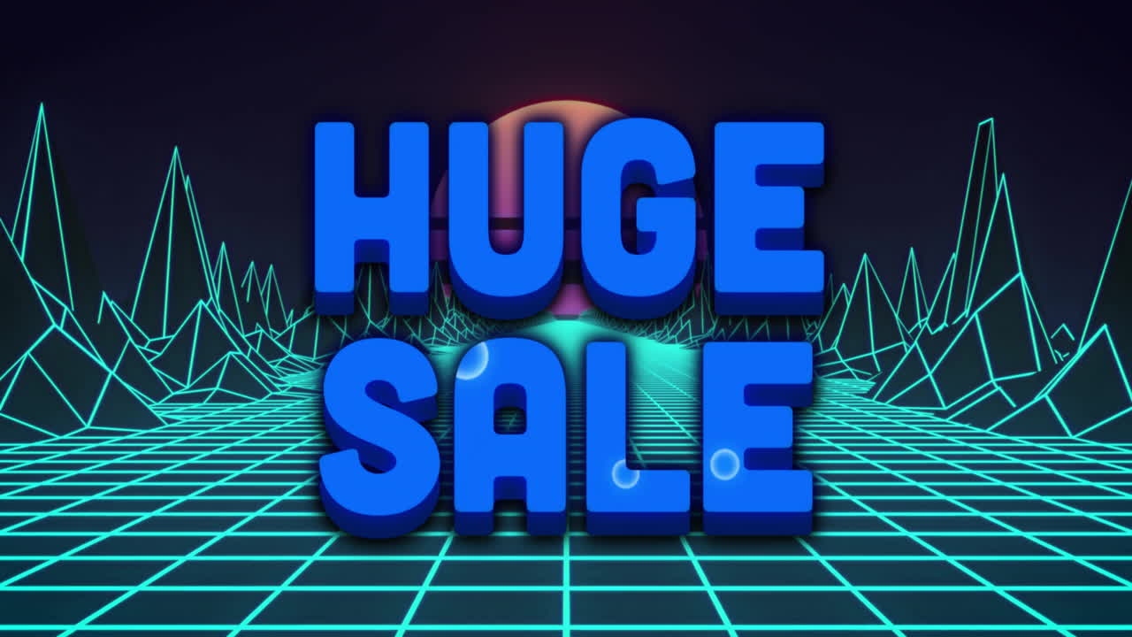 빛나는 선으로 네온 그리드 풍경 위에 거대한 판매 텍스트 애니메이션