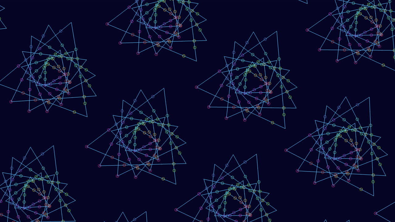 네온 점과 선이 있는 무지개 미래형 삼각형 패턴