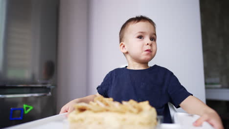 funny cute boy eating yummy food. delicious lunch having cheerful child.