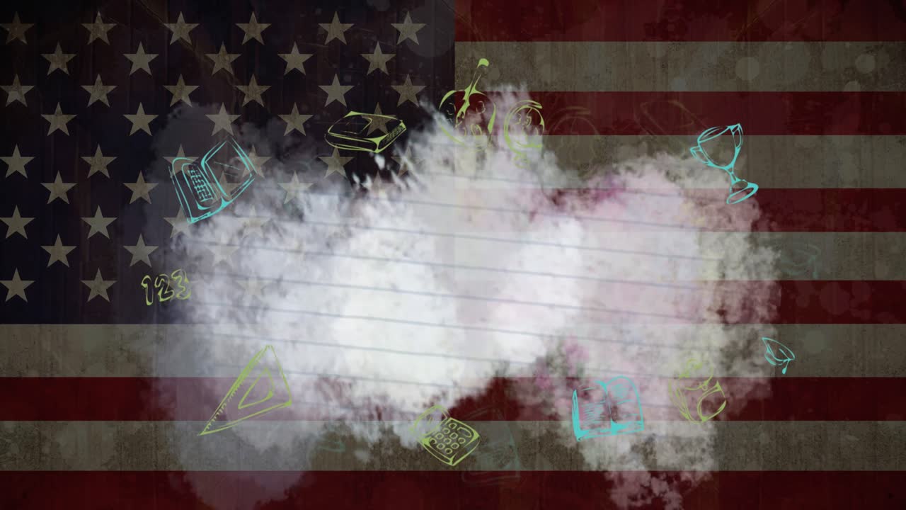 múltiples iconos de concepto escolar contra la bandera estadounidense en el fondo