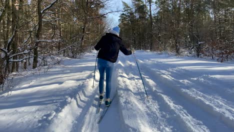 beginner woman skiing on the slope surrounded by trees in forest