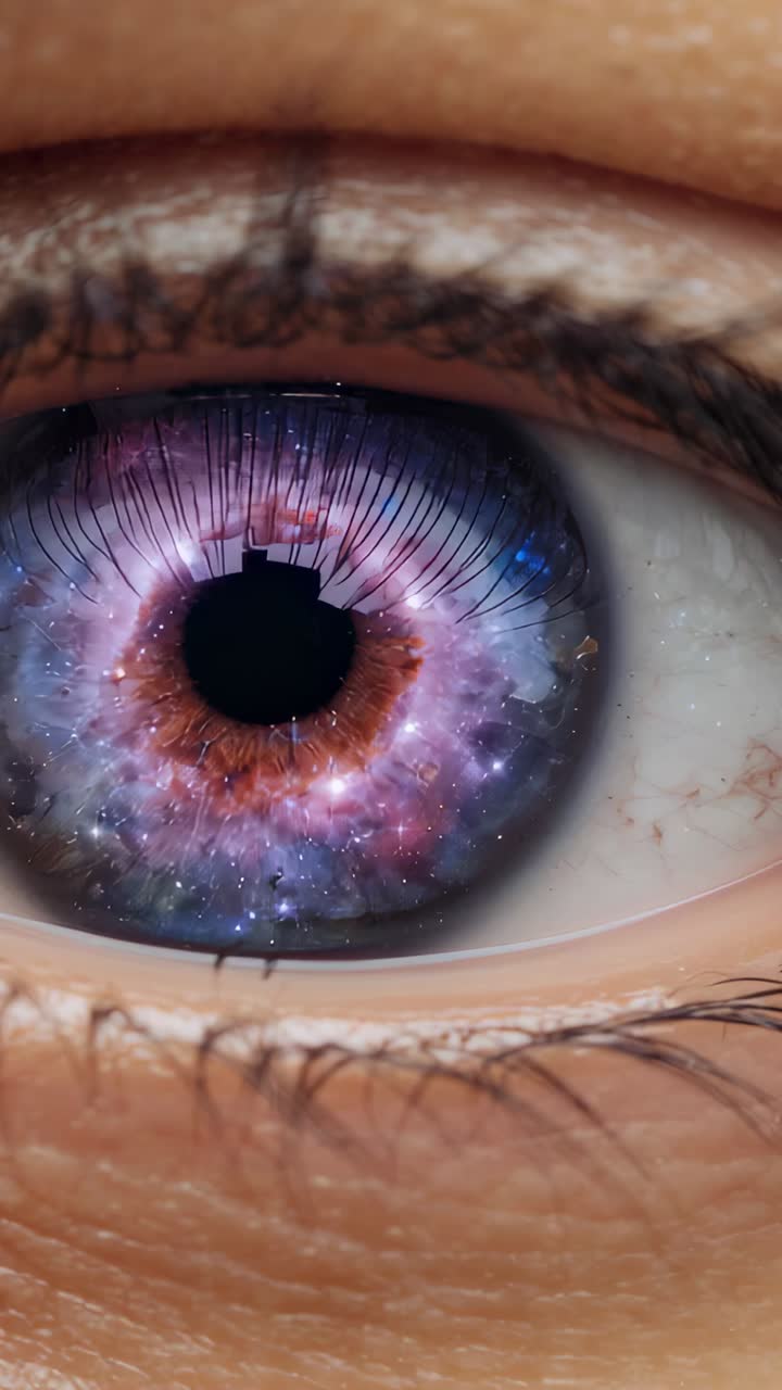 Vertical video: Blinking eye reacting to rectangular light near camera lens revealing galaxy iris