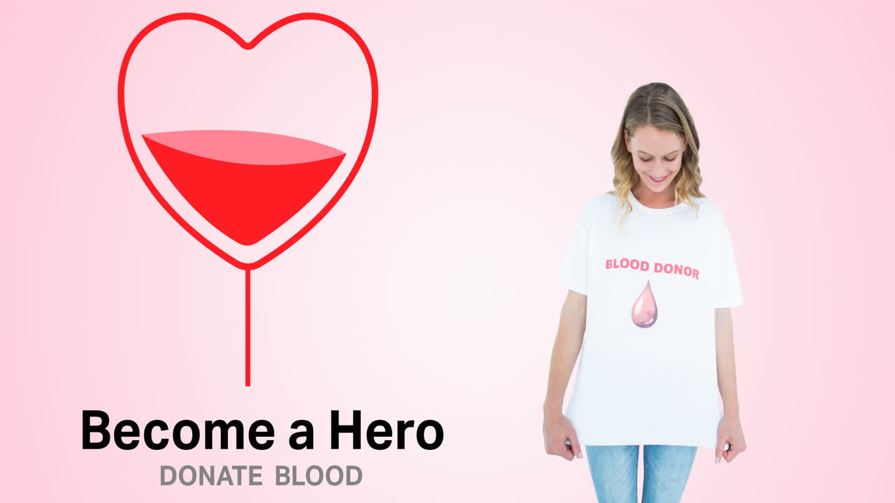 animación del héroe que dona sangre texto y logotipo del corazón de sangre, con una mujer sonriente con camiseta de donante de sangre