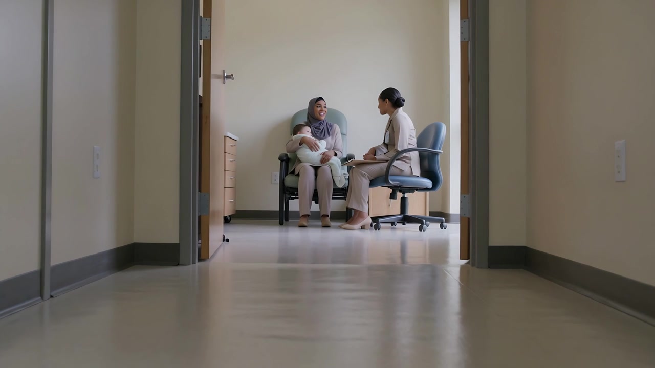 La telecamera inquadra una madre con hijab che culla il bambino mentre un medico con un top chiaro si informa sulla cura del bambino in clinica