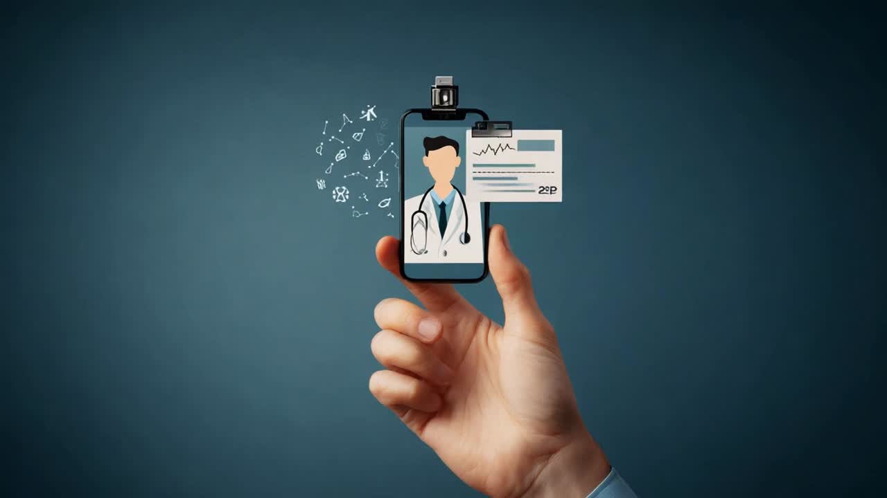 A Hand Holding a Smartphone Displaying a Doctor's Image and Medical Information, Illustrating the Concept of Telehealth, Remote Consultations, and Digital Health Services for Patients