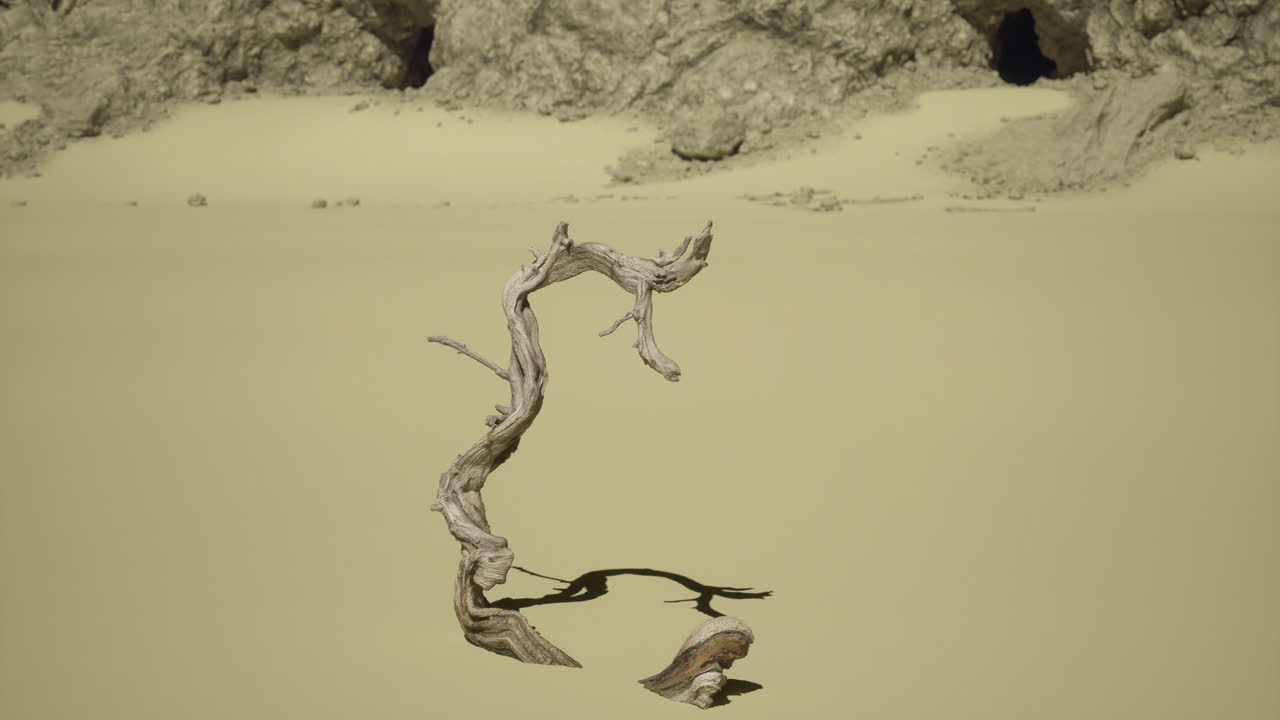 Unique twisted driftwood on sandy beach with rocky backdrop at sunset