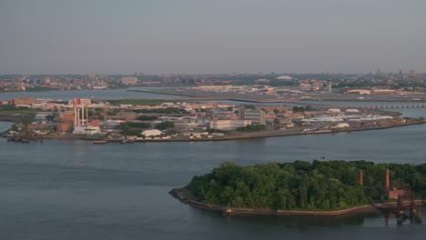 Aerial view of Rikers Island. Shot at sunset during the springtime in New York City.