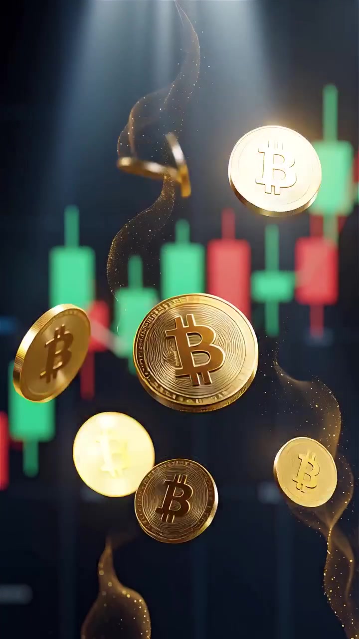 Monete Bitcoin dorate con sfondo sfocato di grafico a candele 4K.