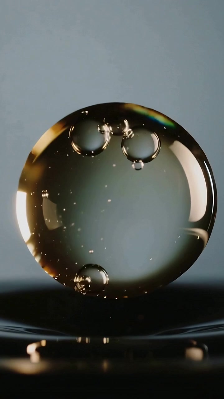 Vidéo verticale : Gouttelette claire descendant sous l'effet de la gravité, se déposant sur une flaque sombre, montrant des bulles internes.