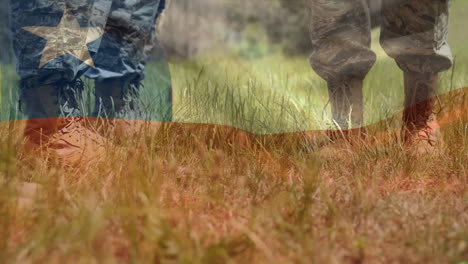 animation of flag of chile over legs of soldiers