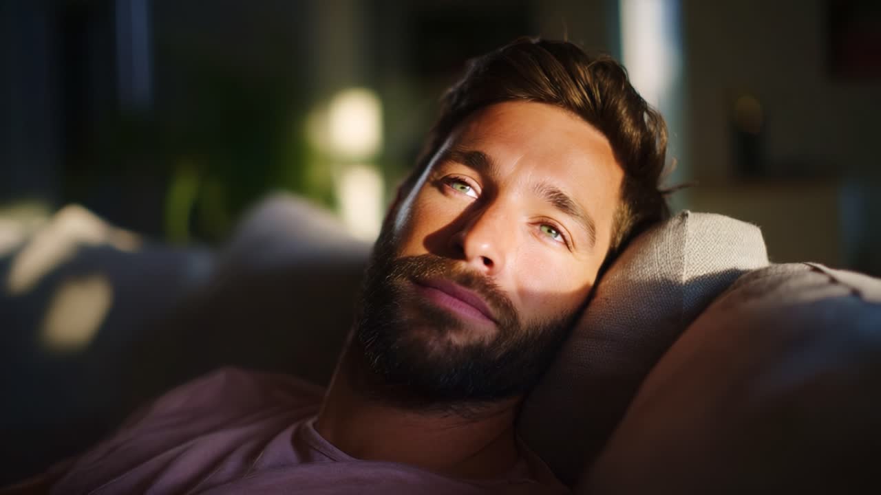 En mann slapper fredelig av i sofaen og nyter det myke sollyset som strømmer inn gjennom vinduet, noe som skaper en rolig atmosfære i stuen hans