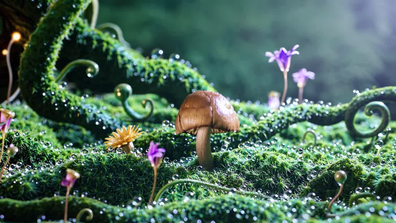 A whimsical, low-angle video scene of a mushroom in a lush, dew-covered forest floor