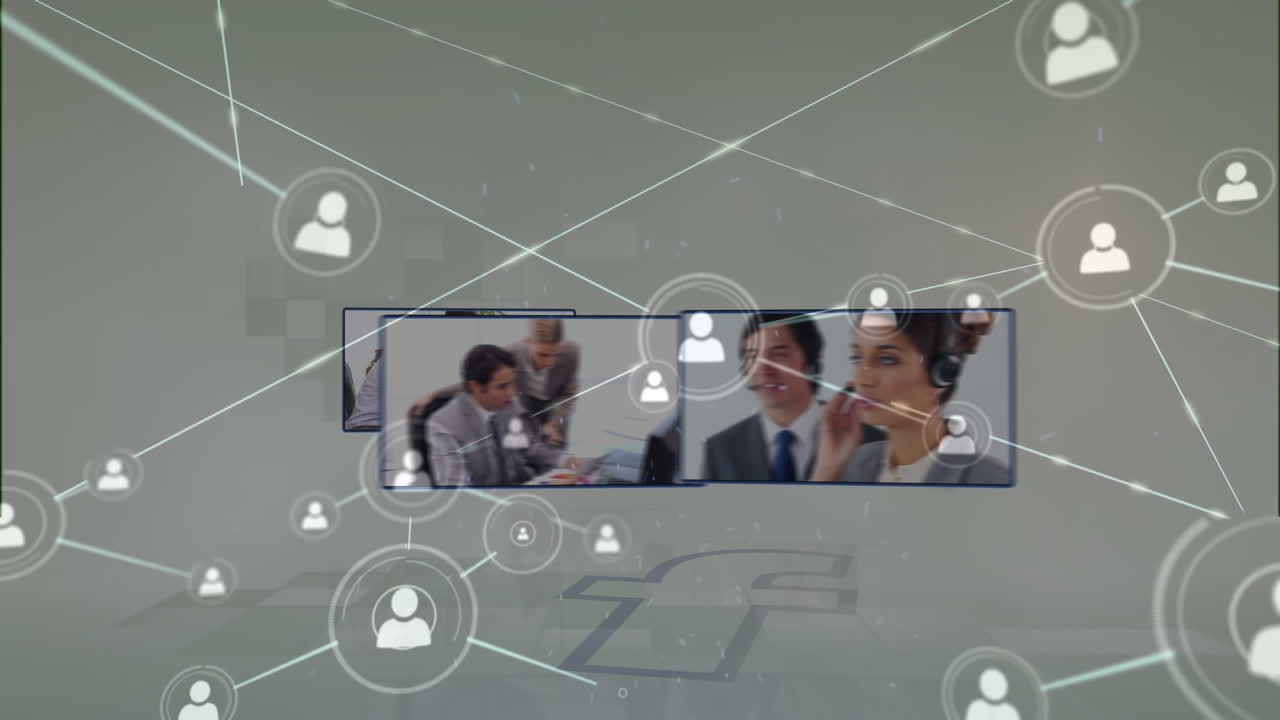 Animazione di icone connesse su diverse persone d'affari e operatori del servizio clienti visualizzati su monitor.